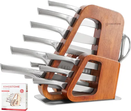 KINGSTONE Juego de cuchillos de cocina con bloque, juego de 14 cuchillos de acero inoxidable alemán con afilador integrado, juego de bloques de Nogal