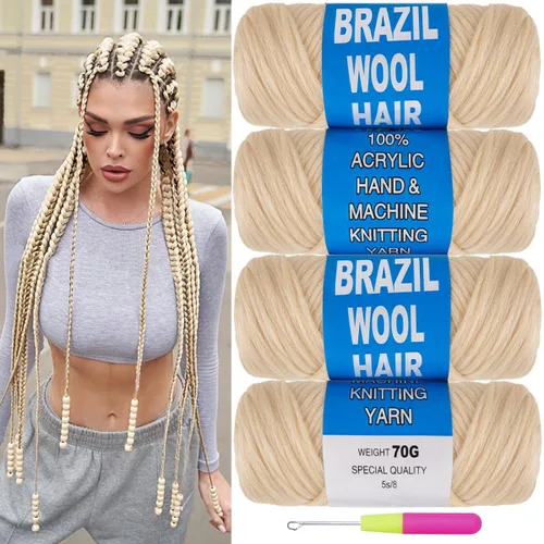 Miniatura 30 de COOKOO 2 rollos de hilo de lana brasileña color negro natural para cabello trenzado de ganchillo, trenzas, torsión, urdimbres, torsión senegalesa