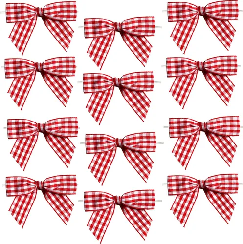 Miniatura 3 de Lazos preatados a cuadros rojos y blancos, 3 pulgadas de ancho, juego de 12, Día de los Caídos, 4 de julio, aniversario de Estados Unidos, Día