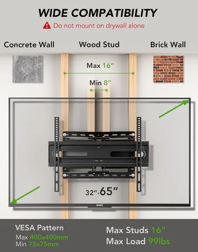 Miniatura 2 de AX WABER Soporte de pared para TV de 32 a 65 pulgadas, brazo articulado dual con giro e inclinación, Max VESA 15.748x15.748 in, se adapta a pernos