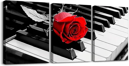 Erosebridal Juego de 3 lienzos de pared en lienzo con teclado de piano en blanco y negro, instrumentos musicales, decoración de pared para sala de