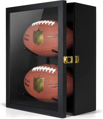 Miniatura 2 de TJ.MOREE Estuche de fútbol con 2 fundas de fútbol tamaño completo, soportes para rugby para exhibir pelotas, caja de sombra de montaje en pared