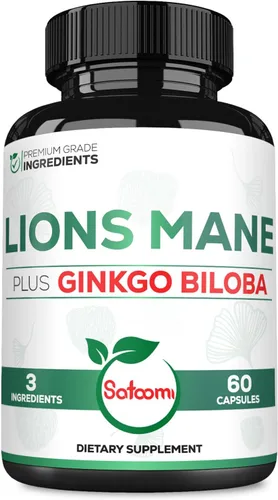 Satoomi Suplemento de melena de león con ginkgo biloba, 60 cápsulas, extra fuerte para una mente reparadora, salud cerebral, sistema inmunológico y