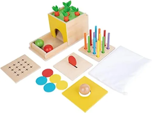 Adena Montessori Kit de juego Montessori de madera 5 en 1, juguetes para bebés, caja de permanencia de objetos, gota de color de fósforo, juego de