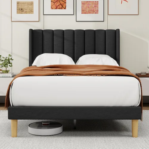 Miniatura 9 de alazyhome - Marco de cama tapizado de plataforma tamaño Queen con cabecera, soporte de listones de madera, sin ruido, fácil montaje, terciopelo beige