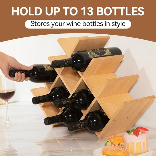 Miniatura 2 de KIRIGEN Estante de madera para vino de 13 botellas, estante de exhibición de vino de 4 niveles de madera natural, estante de almacenamiento de pie
