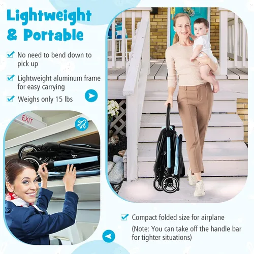 Miniatura 3 de BABY JOY Cochecito de bebé ligero, cochecito de viaje compacto para avión, cochecito para bebés y niños pequeños con respaldo y toldo ajustables