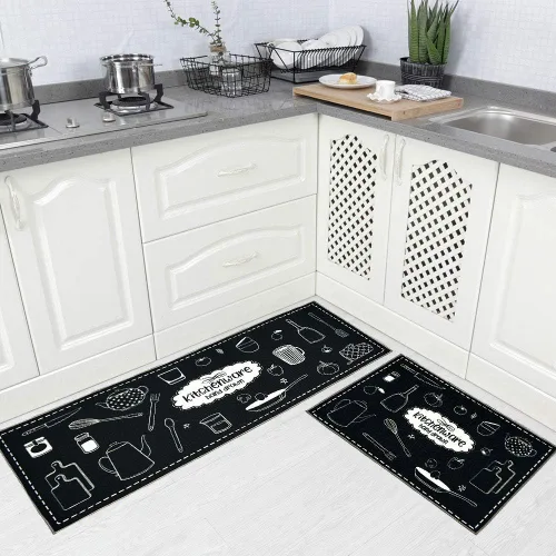 Miniatura 8 de Juego de 2 alfombras de cocina de 17 x 48 pulgadas + 17 x 24 pulgadas, tapetes antideslizantes lavables para suelo de cocina, 2 tapetes cómodos