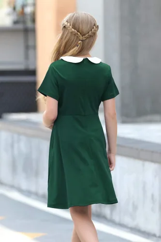 Miniatura 2 de GORLYA Vestido de fiesta casual de manga corta para niña con cuello Peter Pan ajustado y acampanado con bolsillos, 4-12 años