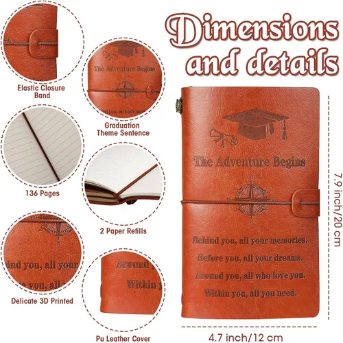 Miniatura 2 de Fainne Regalos de graduación, diario de cuero 2026, regalo de graduación para ella y él, 136 páginas, diario The Adventure Begins College Grad
