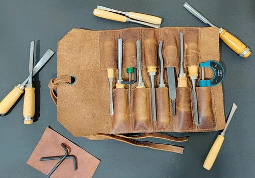 Miniatura 7 de Bolsa de almacenamiento de rollo de cuchillo de cuero con bolsa enrollable para herramientas, rollo de estuche para cuchillos de chef para viajes
