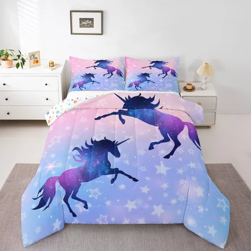 Miniatura 5 de Manfei Juego de edredón con siluetas de unicornio, tamaño King, juego de ropa de cama romántica de cielo estrellado y galaxia, decoración de Navidad