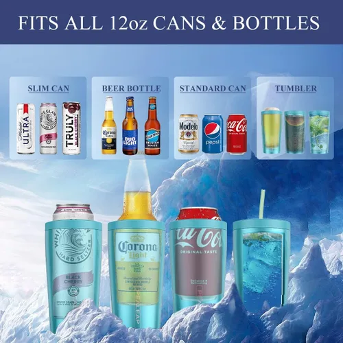 Miniatura 2 de Enfriador de latas delgado aislado 4 en 1 para latas de 12 oz y botellas de cerveza - Mantiene frío por 8 horas, fácil de sostener - Soporte