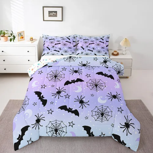 Miniatura 24 de Feelyou Juego de edredón de Halloween, color rosa fantasma, juego de ropa de cama tamaño individual, decoración para niños y niñas, lindo juego