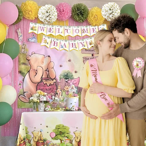 Miniatura 3 de Decoración de Baby Shower Winnie en Rosa – Globos de Winnie the Pooh, Telón de Fondo, Bandera de Bienvenida al Bebé, Mantel, Adornos para Pastel