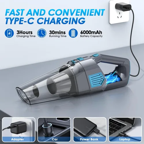 Miniatura 4 de Gxzsk Aspiradora de Mano Inalámbrica, 15000PA de Succión Fuerte Aspiradora de Mano Recargable para Coche, Aspiradora de Mano Portátil con Gris