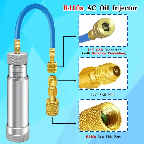 Miniatura 4 de Inyector de aceite de CA para R1234YF, R134A, R410A, inyector de aceite de tinte HVAC con conector SAE de 1/4", herramienta de inyector de aceite