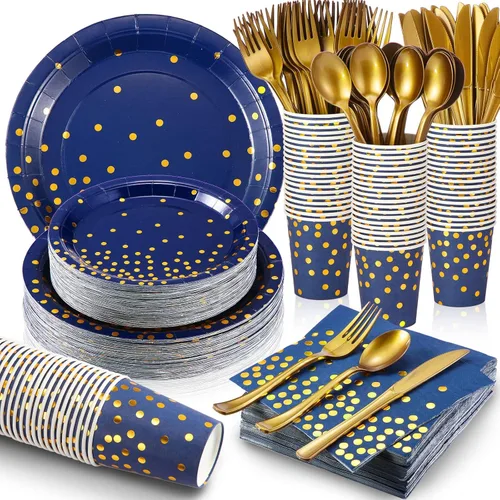 Miniatura 9 de Sieral 560 piezas de suministros de fiesta negros y dorados para 80 invitados, kits de vajilla de punto dorado, platos de papel negro, tazas