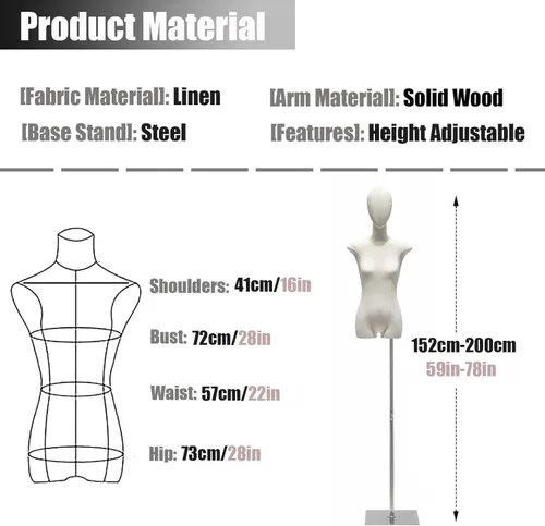 Miniatura 7 de Adjustable Dress Form Mannequin for Women - 59-78 Inch Height, Tailor Dummy for Sewing & Jewelry Display, Burlap Head & Silver Finish, Ideal for