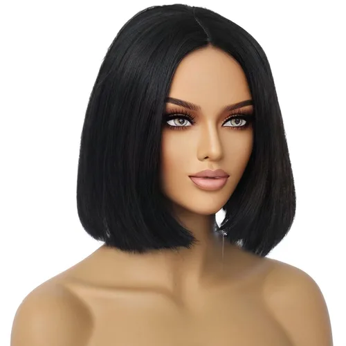 Miniatura 3 de PATTNIUM Peluca negra estilo Bob para mujer, pelucas cortas negras, rectas, parte media, peluca de cabello negro, aspecto natural, pelucas