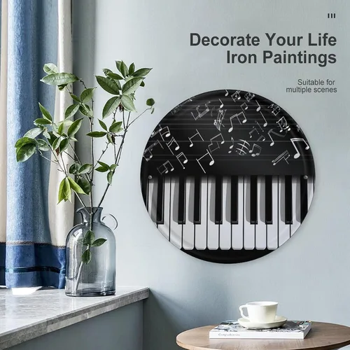 Miniatura 5 de Circular Metal Wall Art Iron Wall Hanging - Piano Keys with Musical Notes Vintage Industrial Tin Sign with Pre-Drilled Holes, Retro Round Metal Art