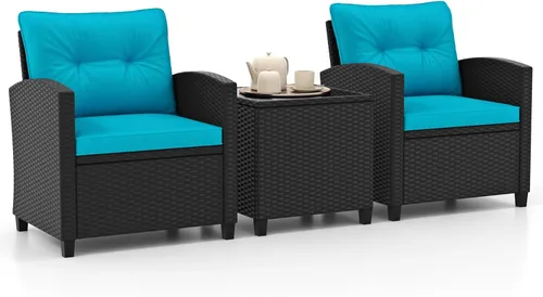 HAPPYGRILL Juego de 3 piezas de mimbre para patio, juego de sofá bistró de ratán PE con mesa de centro de vidrio templado, cojines lavables, juego