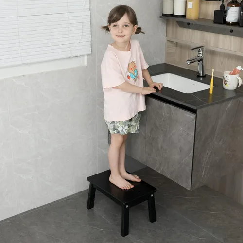 Miniatura 5 de HOUCHICS Taburete de madera, taburete de un solo paso para adultos y niños, taburetes de madera para adultos, baño, dormitorio (negro)