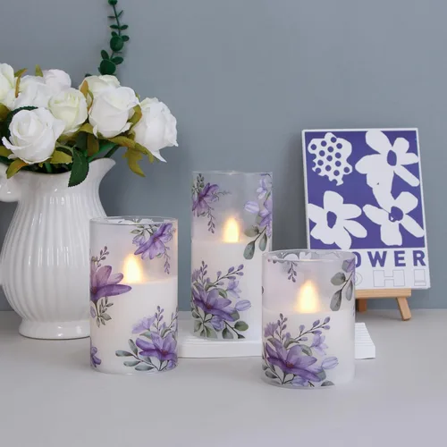 Miniatura 3 de Velas de cristal sin llama parpadeantes con control remoto y temporizador, flores púrpuras LED operadas por batería, cera real, juego de 3 velas