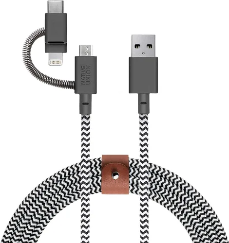 Native Union Cable universal de correa – Cable de carga duradero reforzado ultra fuerte de 6.5 pies [certificado MFi] con adaptador 3 en 1 para Cebra