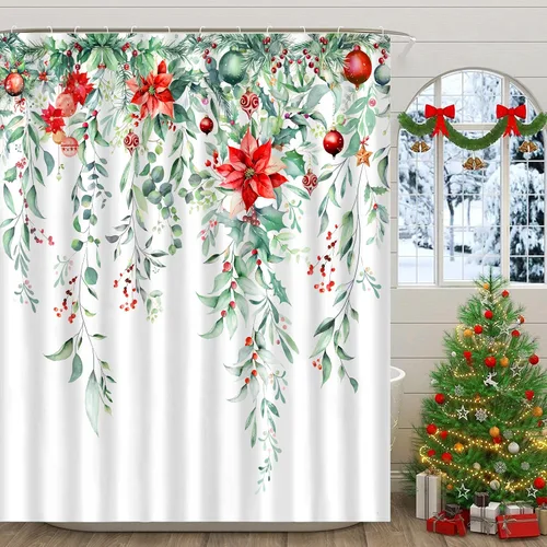 Juego de cortinas de ducha navideñas con acebo, cortinas de ducha impermeables de Navidad, cortinas de baño de tela con 12 ganchos para decoración