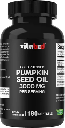 Vitabod Aceite de semilla de calabaza prensado en frío, 3000 mg por porción, 180 cápsulas blandas, sin OMG y sin gluten