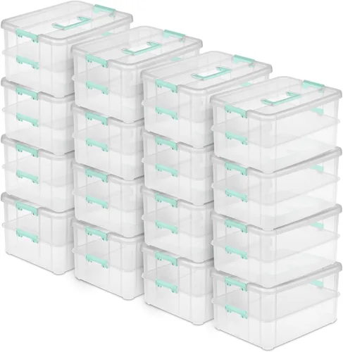Miniatura 12 de Sterilite Paquete de 4 cajas de asas de 2 capas para almacenamiento en el hogar y la oficina, base transparente y tapa con pestillos