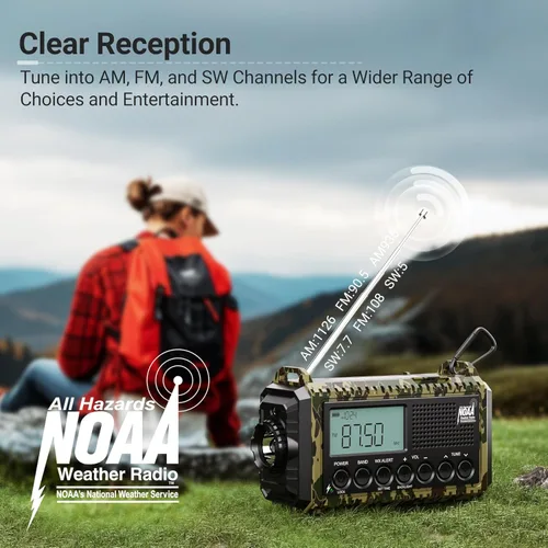 Miniatura 2 de Radio de emergencia 12000, radio meteorológica digital automática portátil AM FM SW NOAA, radio recargable con manivela solar con batería, linterna