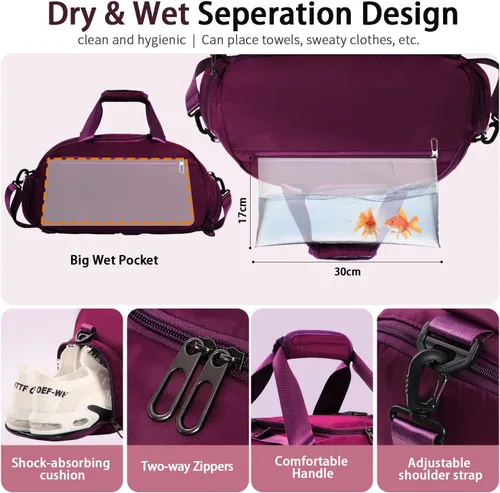 Miniatura 2 de FIORETTO Bolsa de deporte para hombre con bolsillo húmedo y compartimento para zapatos, ideal para viajes, gimnasio, deportes, natación, B-Morado