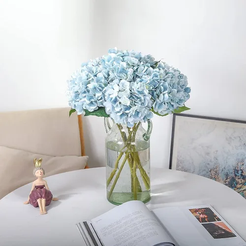 Miniatura 2 de Kisflower Flores artificiales de hortensias azules, 6 unidades, flores falsas para centro de mesa, flores de hortensias de seda azul con tallos