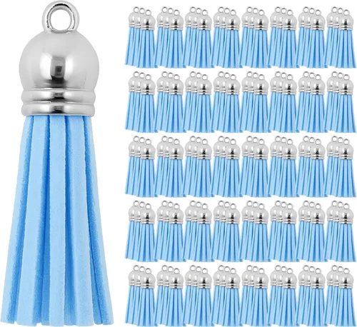 Miniatura 40 de Mandala Crafts 100 borlas de gamuza sintética color aguamarina con tapa dorada, suministros para hacer llaveros a granel, pequeñas borlas de cuero