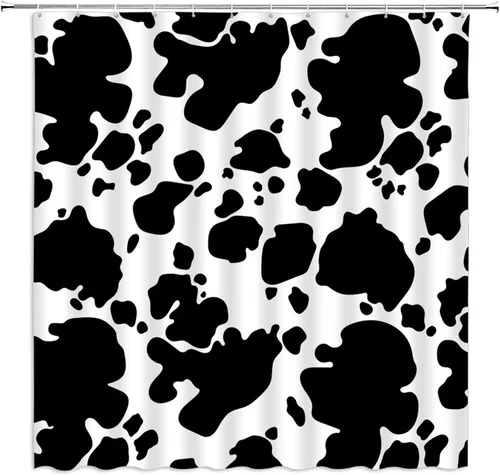 Cortina de ducha con estampado de vaca, piel de vaca negra y blanca, divertida piel de granja de animales de granja, estilo occidental, tela Negro