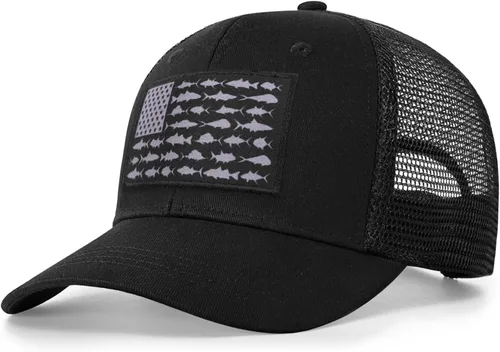 Miniatura 27 de Sombrero de camionero con bandera de pez estadounidense, regalos de pesca para hombres, sombrero de pesca Snapback perfecto para pesca y uso diario