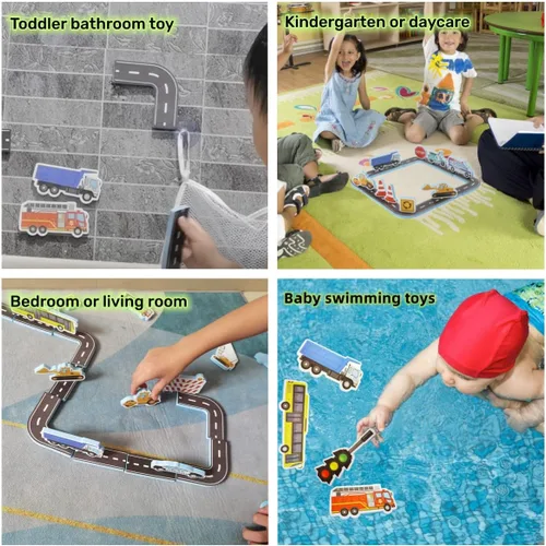 Miniatura 4 de Juguetes de baño de espuma para niños pequeños, 29 piezas de vehículos, calcomanías de baño con bolsa de almacenamiento, bañera flotante educativa