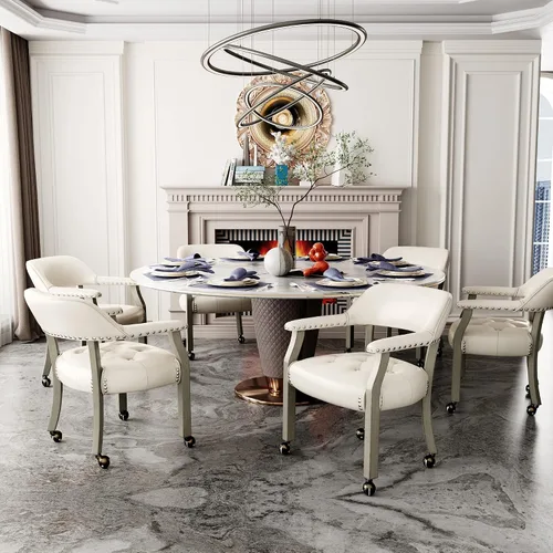 Miniatura 2 de SY1318WT - Silla de comedor con ruedas y brazos, silla de capitán de madera maciza, silla giratoria de escritorio de oficina, tapizada, 31.5 Pierna