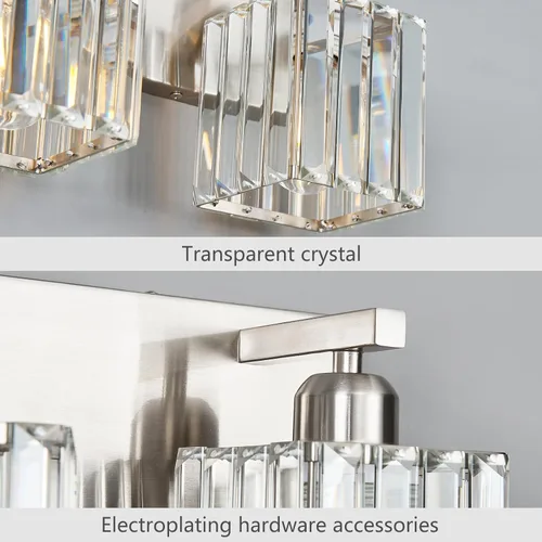 Miniatura 6 de Lámpara de tocador moderna de 2 luces de níquel cepillado, lámpara de tocador de cristal, luz de pared de baño, accesorios de iluminación de baño