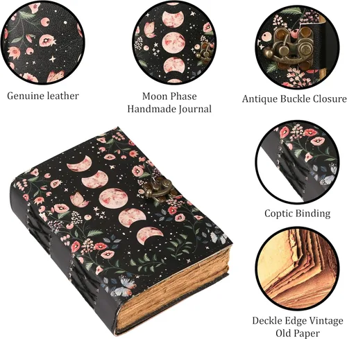 Miniatura 5 de Libro de Hechizos en Blanco de las Sombras Diario con Cierre de Cerradura Celestial Diario de Cuero Vintage Hecho a Mano con Impresión de Fases