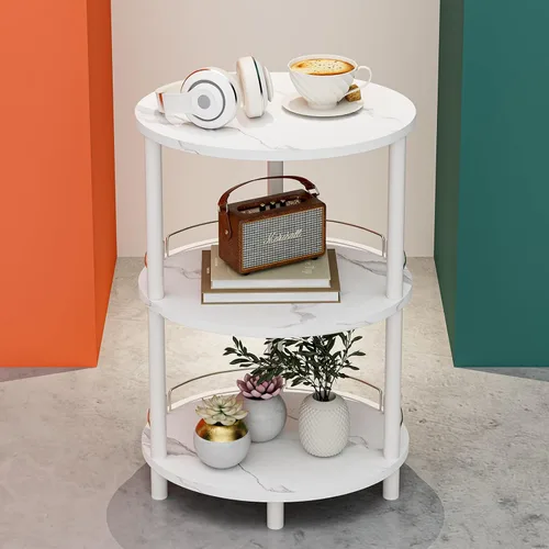 Miniatura 18 de Mesa auxiliar redonda pequeña – Mesa auxiliar ovalada de 3 niveles para espacios pequeños, mesa auxiliar de sofá de madera rústica y metal, mesita