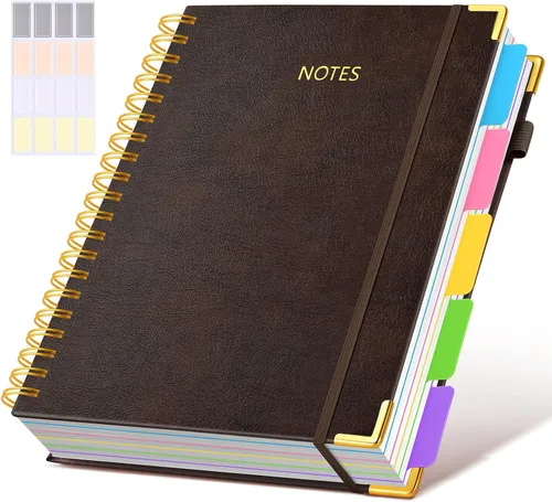 Miniatura 53 de Cuaderno universitario de espiral con tapa dura de cuero de 8 x 10 pulgadas, con pestañas separadoras extraíbles, para 5 materias, a rayas; diario
