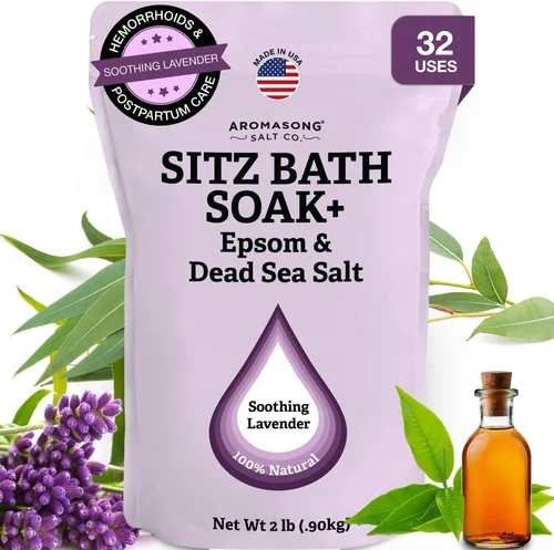 Aromasong Sitz Bath Soak 2lb - Sal de baño para hemorroides y cuidado posparto - Mar Muerto y sal de Epsom remojo con lavanda, manzanilla y árbol de