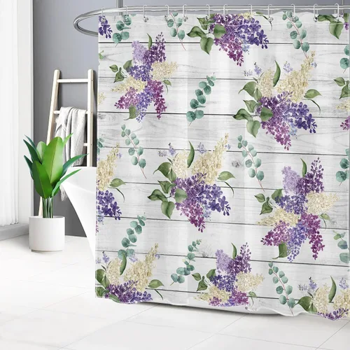 Miniatura 10 de EOBTAIN Cortina de ducha floral púrpura para baño, flores de acuarela y hojas de eucalipto verde sobre beige, cortina de ducha con 10 ganchos, juego