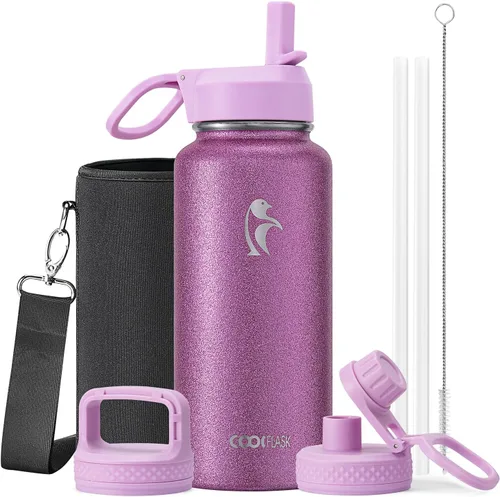Miniatura 25 de Coolflask Botella de agua de 20 onzas aislada con pajilla, 3 tapas de metal de acero inoxidable, botella de agua de boca ancha para deportes u
