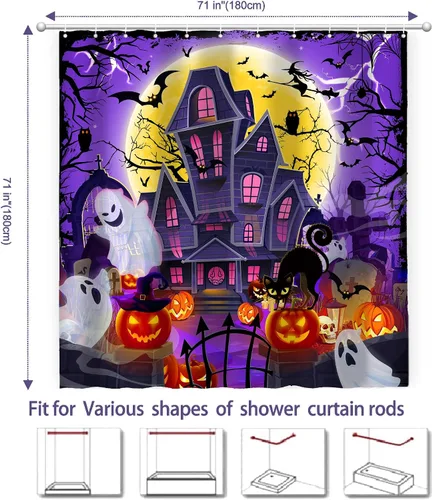 Miniatura 2 de Cortina de ducha de Halloween, cortina de baño impermeable de castillo, 71 x 71 pulgadas, decoración de baño de calabazas espeluznantes y fantasmas