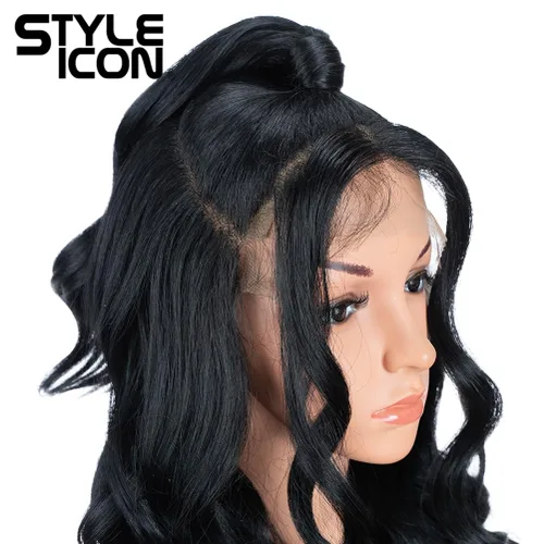 Miniatura 5 de Style Icon - Peluca de encaje frontal negra con parte libre, estilo U, de 24" de largo, ondulada con flequillo, sintética, resistente a altas 1