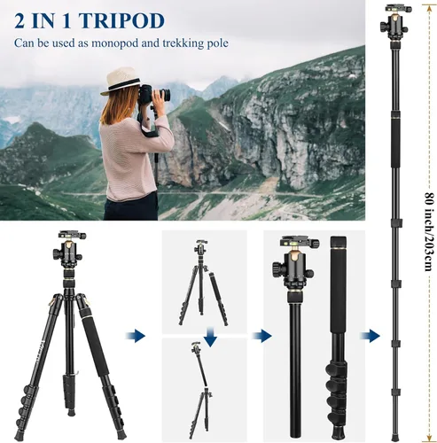 Miniatura 6 de Trípodes de aluminio de 77" para cámara y monópodos, trípode compacto de viaje Victiv para cámara DSLR, visor de observación, telescopio, Dorado
